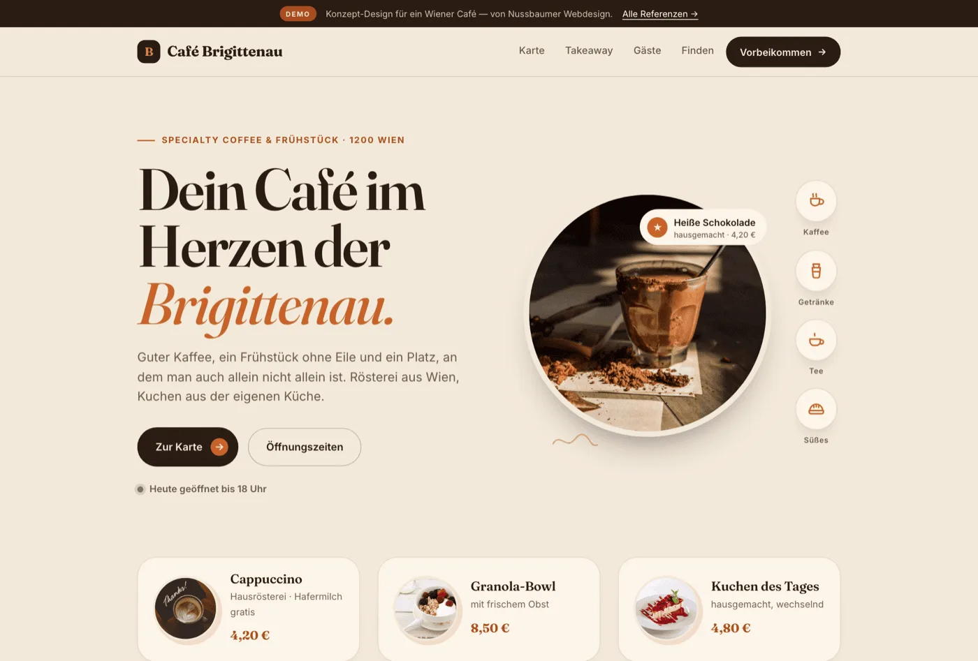 Beispiel aus dem Portfolio: Website-Design für ein Wiener Café